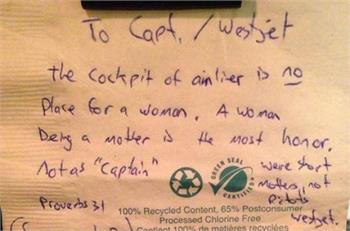 Passenger’s sexist note left on WestJet flight stirs pilot’s heated response